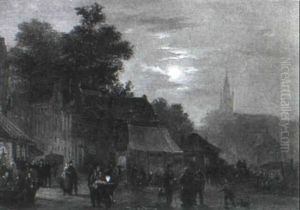 Market Scene By Moonlight by Bartholomeus Johannes Van Hove
