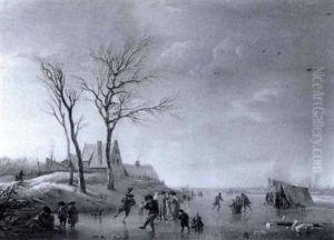 Frozen Winter Landscape With Skaters On The Edge Of Town by Bartholomeus Johannes Van Hove