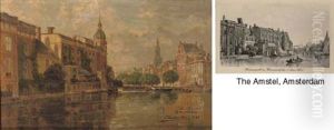 Sur L'amstel A Amsterdam - The Doelen With The Zuiderkerk Beyond by F. van den Hove