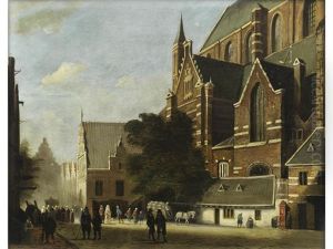 A Dutch Street Scene by Hubertus van Hove