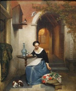 Lady Arranging Flowers by Hubertus van Hove