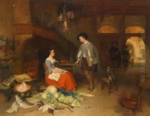 Niederlandisches Kucheninterieur Mit Einem Jungen Herrn Im Gesprach Mit Einer Jungen Frau, Im Vordergrund Groses Gemuse- Und Fischstillleben by Hubertus van Hove