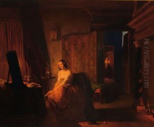 Lady In Front Of A Mirror By The Light Of A Fire-place, In The Background A Maid Holding A Candle