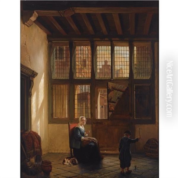 Mother And Child Playing Top In An Interior by Hubertus van Hove