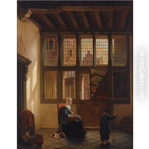 Mother And Child Playing Top In An Interior by Hubertus van Hove