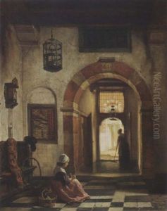 Interior With A Maid Feeding A Pigeon by Hubertus van Hove