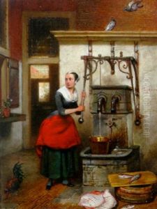 A Maid In A Courtyard Tapping Water From A Well