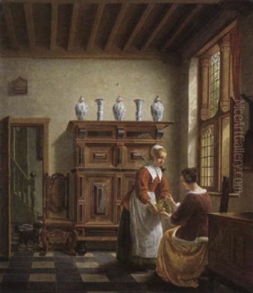 Serving Maid Presenting A Plate Of Fruit To A Lady In An Interior - view 1
