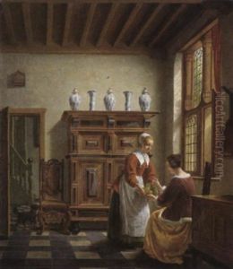 Serving Maid Presenting A Plate Of Fruit To A Lady In An    Interior