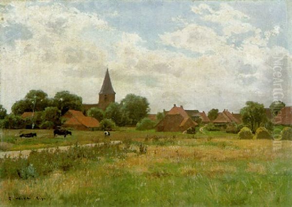 Weidende Kuhe Vor Einem Dorf - view 1