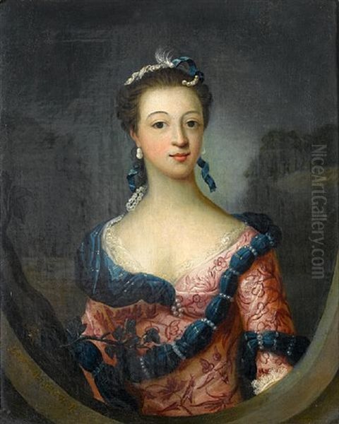 Portrait Of A Young Lady, Half-length, With A Pearl Headdress And Pearl Earrings, In Pink Costume With Floral Patterns - view 1