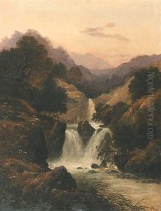 Bergige Landschaft Mit Wasserfall, Vermutlich Im Schottischen Hochland