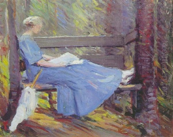 A Woman Reading In The Woods - view 1