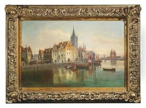 Der Lubecker Hafen Mit Den Turmen Der Kirchen St. Marien Und St. Petri Sowie Dem Holstentor Im Hintergrund