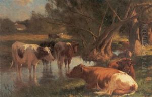 Cows Watering Beside A Stream by William Henry Howe