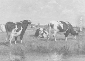 Cows In River Landscape With Distant Windmill by William Henry Howe