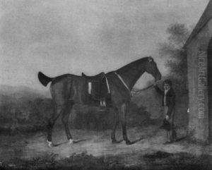 Croc, A Saddled Bay Hunter, The Property Of George, 9th Earl Of Dalhousie, Held By A Small Boy by James Howie