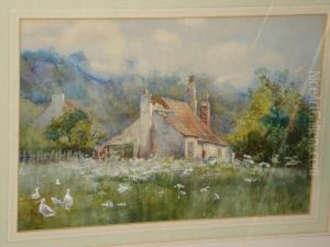 Ducks And Geese Before Cottages And Hills by James P. Barraclough