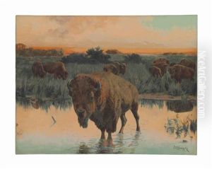 Group Of Buffalo At Edge Of A River by John Dare Howland