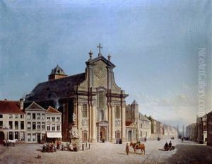 Stadtansicht Mit Kirche Sowie Brunnenstatue Und Figurenstaffage