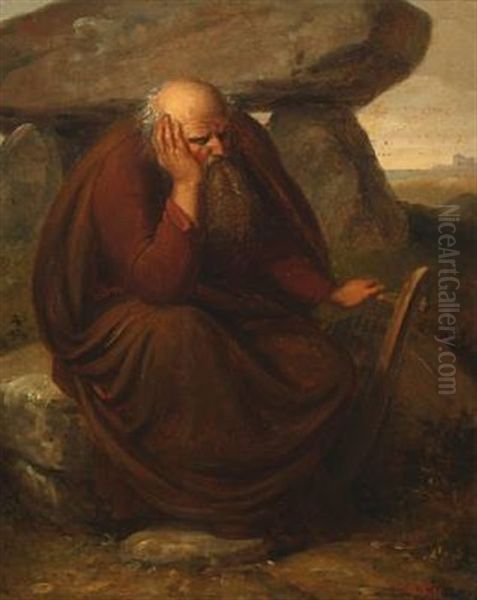 Elderly Man Resting By A Dolmen - view 1