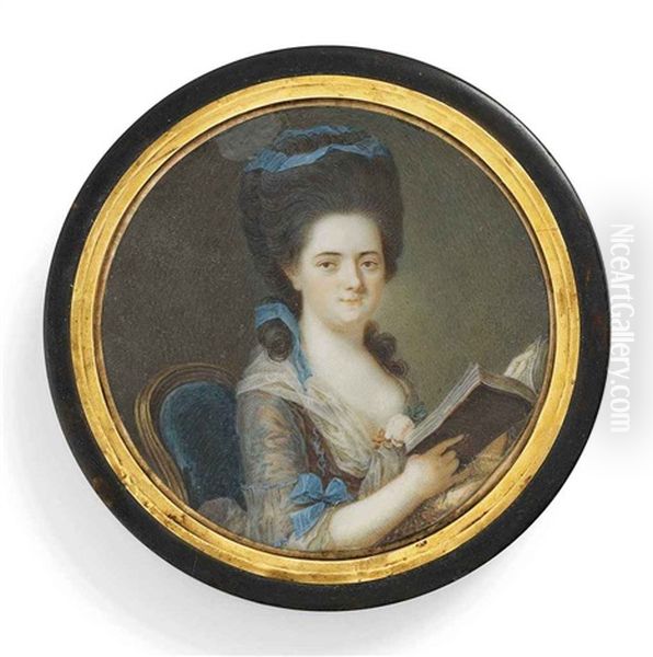 A Young Lady Reading A Book, In Shot Silk Decollete Dress With White Fichu, Rose At Corsage, Blue Tied Ribbon On Sleeve And Adorning Her Upswept Hair, Seated On A Green Upholstered Chair - view 1