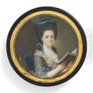 A Young Lady Reading A Book, In Shot Silk Decollete Dress With White Fichu, Rose At Corsage, Blue Tied Ribbon On Sleeve And Adorning Her Upswept Hair, Seated On A Green Upholstered Chair by Cornelius Hoeyer