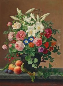 Roses And Lilies In A Vase, With Peaches And Plums On A Stone Console