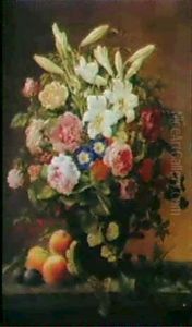 Vase Med Roser Og Liljer Pa Enkarm Med Ferskner Og Blommer Vase Med Roser Og Liljer Pa Enkarm Med Ferskner Og Blommer