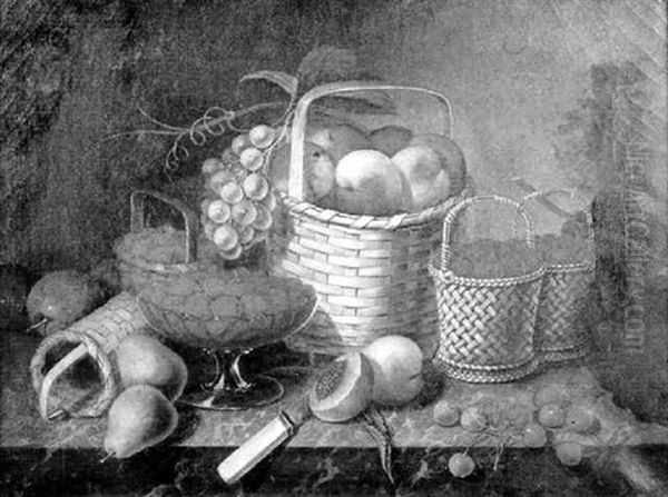 Still Life With Fruit And Baskets Arranged On A Marble Slab - view 1
