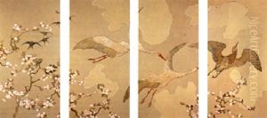 Swallows, Storks And A Heron Flying Over Blossom Branches by Theodoor van Hoytema