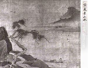 Fishermen In Boat In Misty Landscape by Hsia Kwei