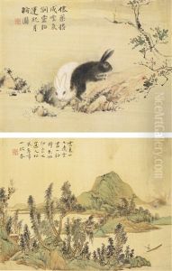 Landscape, Figures, And Animals (album Of 8 Works) by Hua Yan