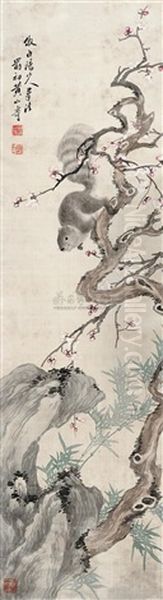 Squirrels, Plum Blossom, Bamboo And Rock - view 1