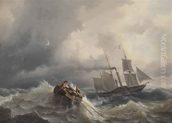 Rowing Towards A French Steam Paddleboat In Stormy Waters - view 1