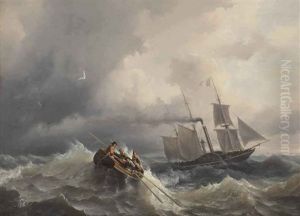 Rowing Towards A French Steam Paddleboat In Stormy Waters