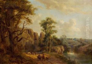 Romantische Landschaft Mit Rinderherde, Esel Und Wanderer