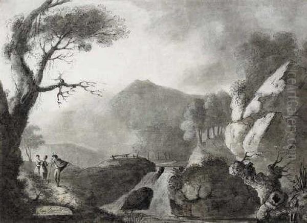 Figures Conversing By A River Signed And Inscribed Lower Left Black Chalk - view 1