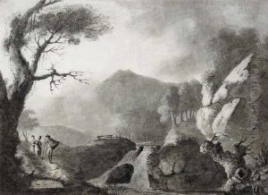 Figures Conversing By A River Signed And Inscribed Lower Left Black Chalk