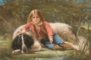 Garcon Pechant Avec Son Chien by Pierre-Adolphe Huas