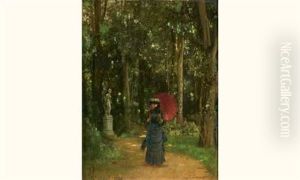 Jeune Femme A L'ombrelle A Saint-cloud by Pierre-Adolphe Huas