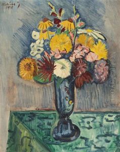 Bouquet In A Blue Vase by Josef Hubacek