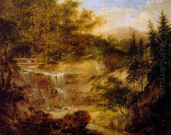 Waldige Gebirgslandschaft Mit Wasserfall - view 1