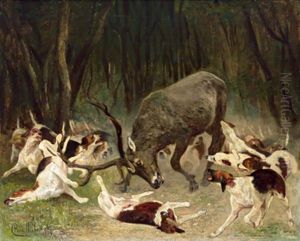 Ein Hirsch, Von Hunden Angegriffen by Carl Rudolph Huber