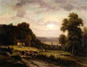 A Cattle Driver In A Wide Landscape, With A Country Church And Cottage