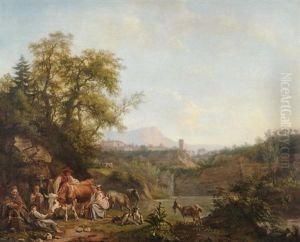Hugelige Landschaft Mit Klosteranlage Und Burgruine. Im Vordergrund Bauersleute Mit Ihrem Vieh Hugelige Landschaft Mit Klosteranlage Und Burgruine. Im Vordergrund Bauersleute Mit Ihrem Vieh