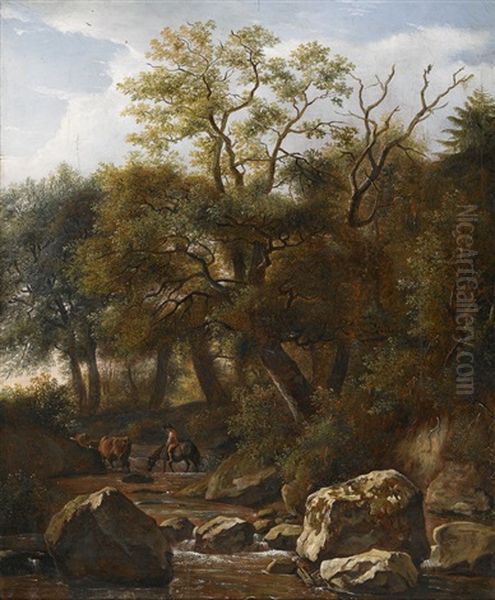 Bewaldete Bachlandschaft Mit Reiter Und Vieh - view 1