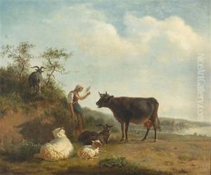 Hirtin Mit Vieh In Einer Flusslandschaft Hirtin Mit Vieh In Einer Flusslandschaft