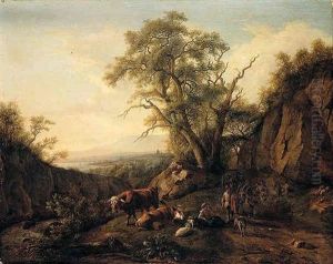 Landscape With A Drover And Mules On A Path, With A Shepherdess And Her Animals Resting Nearby, A Church Spire Beyond Landscape With A Drover And Mules On A Path, With A Shepherdess And Her Animals Resting Nearby, A Church Spire Beyond