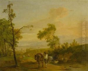 Bauer Mit Seinem Pferd Und Seinen Kuhen Vor Einer Weiten Landschaft by Jean Voltaire Huber